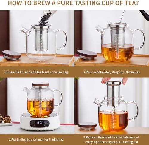 Glass Teapot with Infuser and Lid, 61oz/1.8L Large Borosilicate Glass Tea Pot with Removable Stainless Steel Strainer, Heat-Resistant Handle, Stovetop Safe Tea Kettle for Loose Leaf, Blooming Tea - Image 4