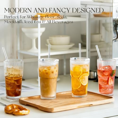 KEMORELA 20oz Ribbed Glass Tumblers with Lids and Straws, Iced Coffee Cups - Image 2