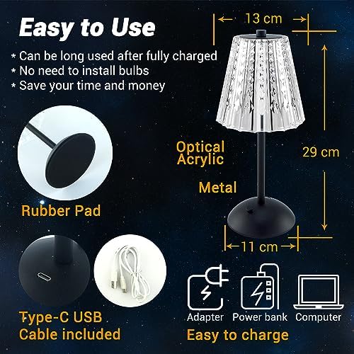 Cordless Table Lamp, 4000mAh Rechargeable Battery Operated Lamp, 3 Color Modes & Stepless Dimmable LED Touch Lamp, Portable Crystal Metal Beside Lamps for Bedroom Restaurant Outdoor(Black) - Image 6