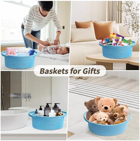 Pro Goleem Small Woven Basket with Gift Bags and Ribbons Durable Baskets for Gifts Empty Small Rope Basket for Storage 12"X 8" X 5" Baby Toy Basket with Handles, Blue - Image 3