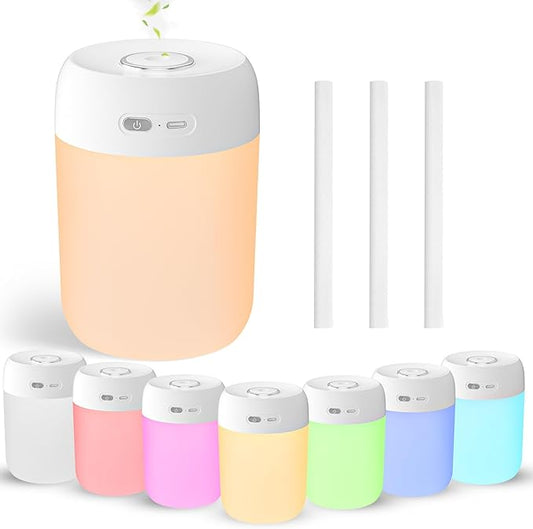 Portable Mini Humidifier, 650ml, Colorful LED Light & Warm Light, Cool Mist, USB, Personal Mini Humidifier for Desktop, Bedroom, Office, Home, Travel, Plants (White)