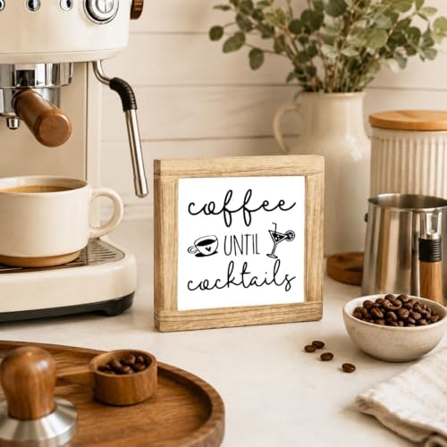 Coffee Until Cocktails Wood Sign, Coffee Bar Decor Plaque, Funny Kitchen Counter Shelf Decoration, Rustic Farmhouse Drink Station Decor For Home Bar Cafe Corner, 5.9 x 5.9 in - Image 4