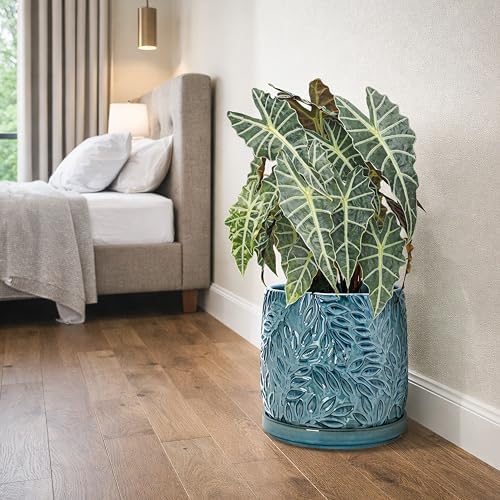 D'vine Dev Embossed Leaves Ceramic Planter, 10 in, Ocean Teal, 27-A-P-8 - Image 6