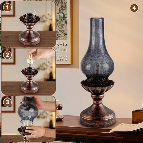 Vintage Table Lamp with Smoke Grey Crackle Glass Shade,Touch Control & 3-Way Dimmable Rustic Retro Farmhouse Bedside Lamp for Bedroom, Living Room, Cabin, Office (2700K LED Candle Bulb Included) - Image 7