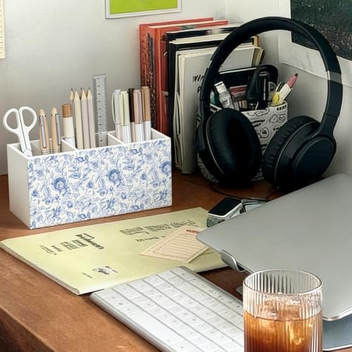 Blue Floral Pen Pencil Holder for Desk Decor - Image 3