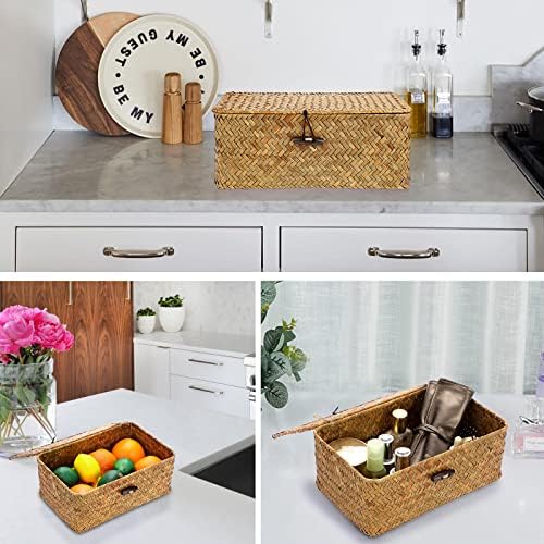 Hipiwe Small Woven Shelf Baskets Bin with Lid Seagrass Wicker Storage Box - Image 2