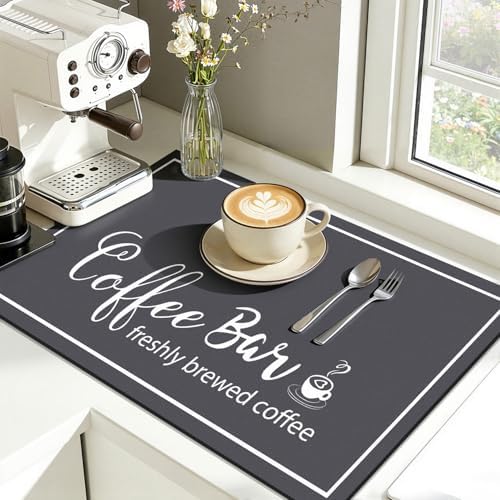Findosom Dish Drying Mat, 17"x 32" Super Absorbent & Hide Stain Coffee Mat, Cuttable Drying Mat for Kitchen Counter, Coffee Bar Accessories, Under Dish Rack, Coffee Maker, Espresso Machine, DarkGrey - Image 5