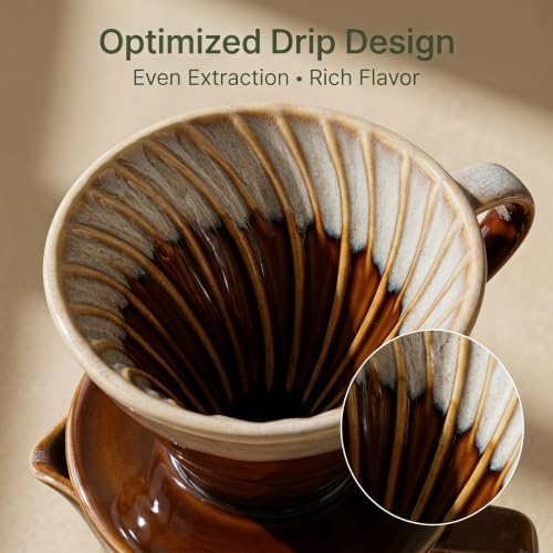 Topadorn 15oz Pour Over Coffee Maker Set, Ceramic Dripper & Carafe,Brown - Image 3