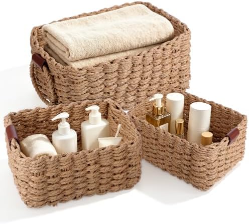 3 Pcs Woven Storage Basket, Multi Size Paper Rope Small Wicker Basket Storage Bins, Small Bathroom Baskets for Organizing Shelves, Cabinet, Pantry, Living Room, Wedding Bathroom - Brown by Unknown