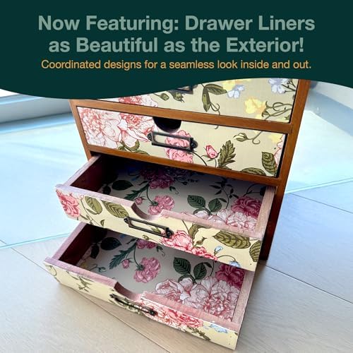 4-Drawer Vintage Desk Organizer with Jacobean Pattern Pastel Flowers Curio Drawer Dresser, Closet, Tabletop - Embroidery Reel Shelf Wood Desktop Organizing Cabinet - Victorian Floral Design - Image 3
