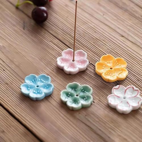 Set of 5, Japanese Mini Cherry Blossom Ceramic Incense Stick Holder or Incense Burner Holder, Handmade Cute Multicolour Unique Ash Catcher Inscent Tray and Decorative Gift, Home Decor, 1.7 inches by Oavand