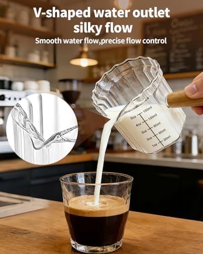 Espresso Measuring Cup 5 Oz, Espresso Glass Cups with Wood Handle, Milk Frothing Cup, Espresso Cup for Coffee, Milk, Tea or Maple Syrup Serving (Transparent, 5 oz) - Image 5
