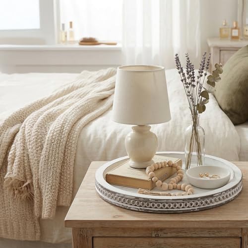 Farmhouse Round Wooden Beaded Tray 12" White Washed Wooden Decorative Tray Round Rustic Wood Decorative Coffee Table Trays for Home Living Room Kitchen Counter - Image 5
