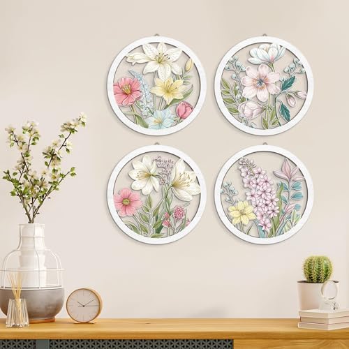 HPNIUB Boho Flower Wall Decor, Abstract Floral Market Wooden Wall Hanging Sign, 4 Pieces 10''x10'' Colorful Plant Wall Art, Minimalist Wildflower Botanical Wood Plaue for Girls Bedroom Living Room - Image 3