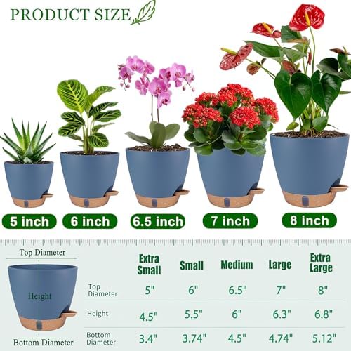 Self Watering Pots for Inoor Ourdoor Plants 8/7/6.5/6/5" Plastic Planters - Image 6
