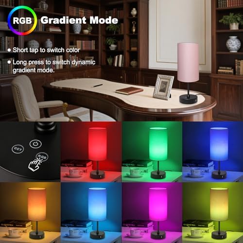 Unicozin Table Lamp for Bedroom, 3 Color Temperatures, 7 RGB Colors, Adjustable Brightness, Dual USB Charging Ports, Ambience Nightstand Light with Pink Shade, Desk Lamp for Kids Reading Home Office - Image 3