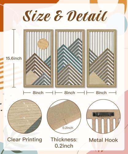 Putuo Decor Mountain Line Wall Art Set of 3, Modern Abstract Nature-Inspired Cut-Out Panels, MDF Wall Decor with Chevron Stripes and Sun Design for Living Room Bedroom Office - Image 2