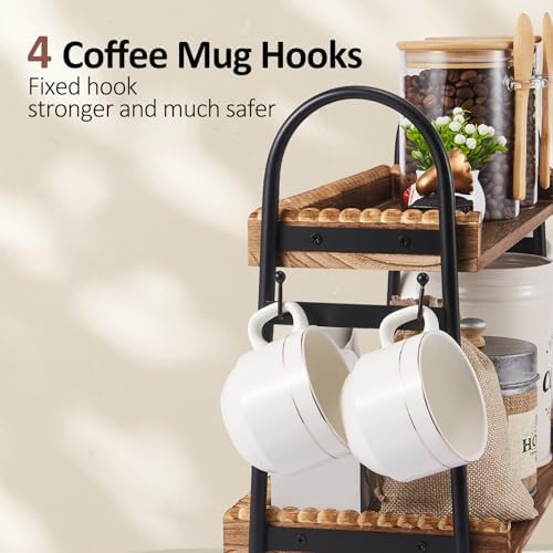 BDBDYEAY Coffee Bar Accessories, 2-Tier Coffee Bar Organizer with 4 Coffee Cup Holder Hooks, Mul-tifunctional Wooden Beaded Coffee Station Countertop Stand Shelf for Kitchen Home Office - Image 5