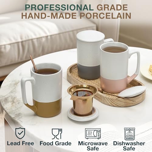 Gencywe Ceramics Large Tea Cup with Loose Leaf Infuser, Spoon and Lid, 16 oz Tall Coffee Mug, Microwave and Dishwasher Safe, Rustic Matte Ceramic Glaze, Tea Strainer, Amber - Image 4