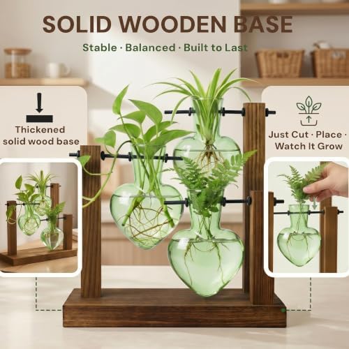 Plant Propagation Station,Wooden Stand with 3 Green Heart Vases - Image 3