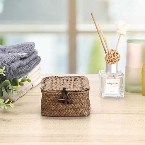Hipiwe Mini Seagrass Basket Box Wicker Shelf Baskets with Lid, 3.5"x3.5"x2" - Image 3