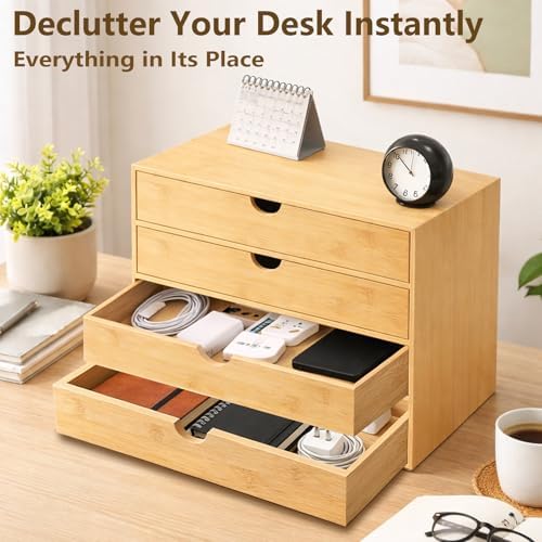 Neando Bamboo Desk Organizer with Drawers, 4-Tier Wooden Desk Organizer, Small Desktop Storage for Office Supplies, Makeup, Accessories, Space-Saving Organizer for Desk, Vanity & Home - Image 2