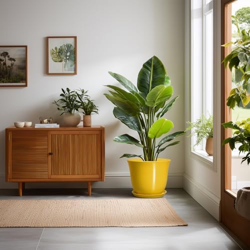 Ceramic Planter - 10 Inch Plant Pot for Indoor Outdoor, Round Flower Pots with Drainage Hole and Saucer, Large Plant Pot, Modern Planters, Home Room Decor, Gifts for Plants Lovers, Yellow - Image 3