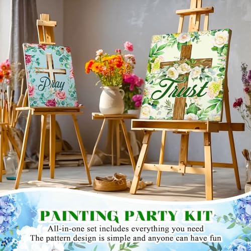 Humyoun 8 Sets 8" x 10" Inspirational Cross Pre Drawn Canvas to Paint for Sip and Paint Party Religious Predrawn Coloring Set Pre Sketched Canvas Boards with Paints and Brushes for Adult - Image 4