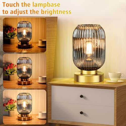 Mid Century Modern Table Lamp with Smoke Grey Ribbed Glass Shade, Touch Control & 3 Way Dimmable, Small Gold, Vintage Bedside Lamp for Bedroom, Living Room, Office (Bulb Included) - Image 3