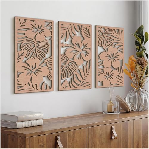 VIYYIEA Boho Solid Wood Carved Wall Art Set of 3, Geometric Minimalist Wooden Home Decor Panels, Handcrafted Solid Wood Wall Hanging for Living Room Bedroom Hallway, 16 x 8 Inch Each (Blooms) by VIYYIEAART