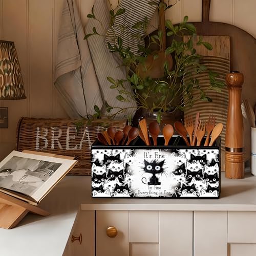 Funny Black Cat Pen Pencil Holder for Desk, Funny Office Gifts for Coworkers, Black Cat Gifts for Women, It's Fine Everything Is Fine Wooden Box Sign Decorations for Home Office Desk Tabletop - Image 6