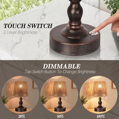PARTPHONER Mini Cordless LED Table Lamp, 5200mAh Rechargeable Battery Operated Lamp, 3-Level Brightness, Touch Dimmable Desk Lamp, Bedside Night Light with Rattan Shade, Oil Rubbed Bronze - Image 2