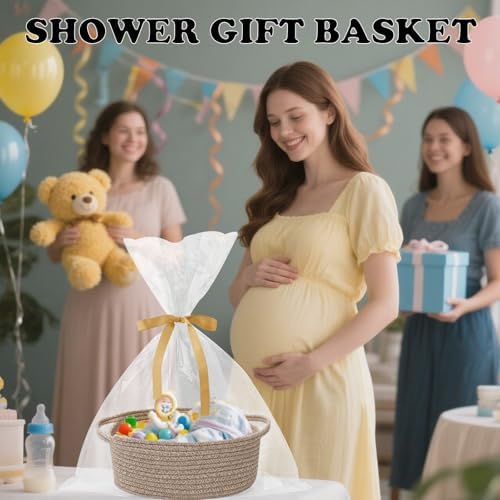 Woven Rope Basket,Baby Gift Basket with Bag & Ribbon, Mixed Brown - Image 6