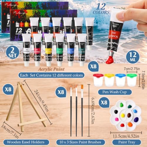 Cholemy 8 Set Paint and Sip Kit for Adults 8'' x 10'' Pre Drawn Canvas with Wooden Easels Acrylic Paint Brushes Wash Cup Palette Apron for Painting DIY Date Night Party Supplies(Sea Wave) - Image 4