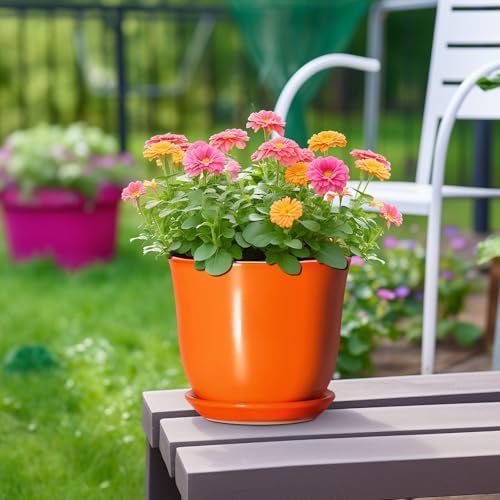 Ceramic Planter - 8 Inch Plant Pot with Drainage Hole and Saucer, Modern Planters for Indoor Outdoor Plants, Round Flower Pot, Home Patio Office Decor, House Warming Gifts, Orange - Image 4