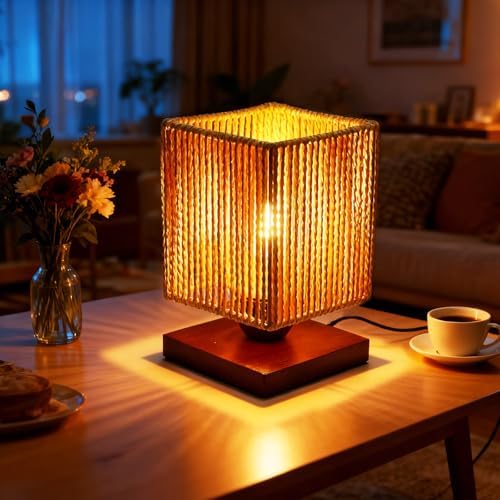 Handmade Small Rattan Lamp for Bedroom,Boho LED Desk Lamp for Living Room,Woven Bedside Night Light Lamp for Nightstands,Farmhouse Wicker Bamboo Table Lamp for Room Office Decor(LED Bulb Included) by Unknown