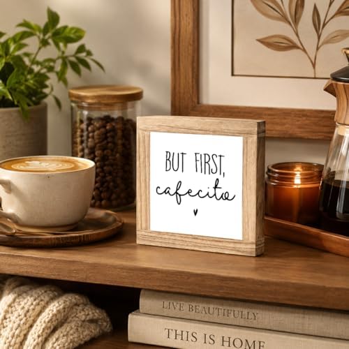 Coffee Bar Decor Wooden Sign, But First Cafecito Tabletop Plaque, Farmhouse Kitchen Counter Shelf Sitter, Rustic Coffee Station Decor For Home Cafe Corner, Coffee Lover Gift, 5.9 x 5.9 in - Image 5