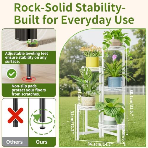 Metal Plant Stand Indoor Outdoor, 5 Tier Tall Flower Pot Holder Potted Display Rack Shelf, Heavy Duty Corner Plant Shelf for Patio Garden Balcony Living Room Bedroom - WhiteWave - Image 3