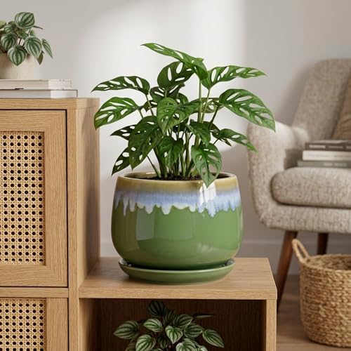 9 Inch Indoor Plant Pots - Ceramic Planters for Indoor Plants, Decorative Planter with Drainage and Saucer, Round Flower Pot, Porch Garden Office Decor, Gardening Gifts for Women, Green-Blue - Image 4