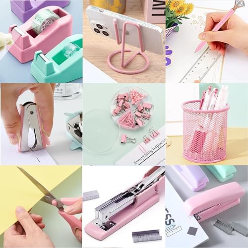 Pink Office Supplies, Pink Desk Accessories, Stapler, Staple Remover, Tape Holder, Pen Holder, Ballpoint Pen, Scissor, Binder Clips, 1000pcs Staples, Phone Holder, Ruler, Transparent Glue and Notes - Image 5