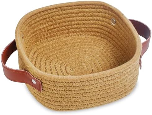 ABenkle Small Storage Basket, Mini Baskets, Cute Rope Woven Baskets for Organizing, Square Shelf Storage with Handle, Boho Decorative Toy Bin for Nursery, Spa, Empty Gift Basket - XS, Brown by ABenkle