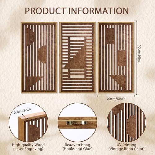 HPNIUB 3PCS Wooden Geometric Wall Decor, Modern Stripes Wood Design Wall Sculpture for Living Room, Vintage Minimalist Mid Century Rectangle Wood Sign Geometry Artwork for Home Bedroom(8x16Inch) - Image 2