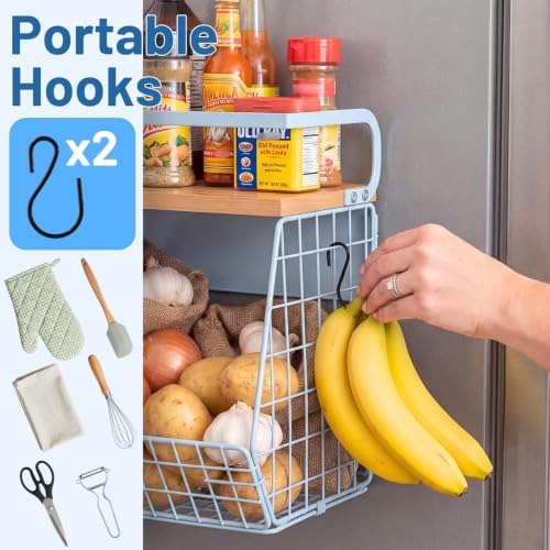 Magnetic Shelf for Fridge with Wood Lid, Fruit Potato and Onion Storage Bins, Pantry Organizers & Storage, Large Container Magnetic Spice Rack for Refrigerator, Kitchen Counter, Cabinet (Blue, 1) - Image 4