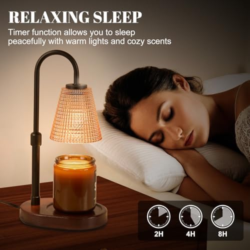 Premium Candle Warmer Lamp with Timer Dimmer-Height Adjustable Wax Melter Suitable for Any Jar Candle, Flameless Heater with Wood Base & Amber Glass,New Home Gifts for Women Mom Daughter Friend - Image 3