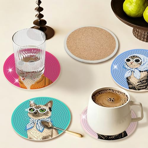Diamond Art Coasters Kit for Adults, 8PCS Funny Cat Coasters with Holder - Image 2