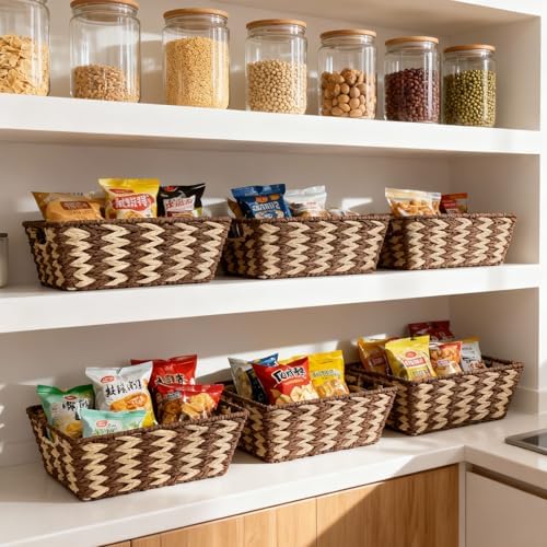 Paper Rope Storage Baskets for Shelves Organizing, Small Hand Woven Wicker Organizer Basket with Handle for Bathroom Toilet Paper Storage, Beige and Brown, 3-Pack - Image 7