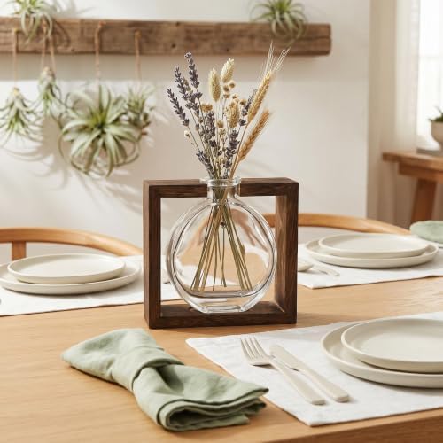 Healifty Glass Vase with Wooden Stand for Fresh Flowers and Plants, Minimalist Modern Hydroponic Flower Arrangement Bottle with Detachable Wood Frame, Easy Cleaning, for Desktop and Meeting - Image 7