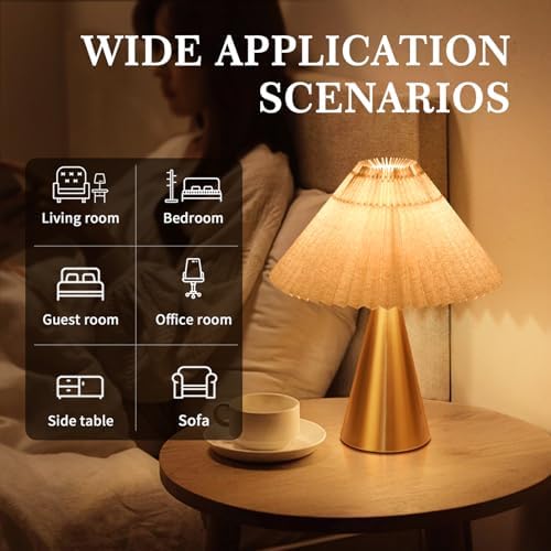 Ziqqeelam Gold Small Table Lamp, Cute Table Lamp, Pleated Table Lamp,Brass Gold Bedroom Lamps for Nightstand, Small Scalloped Lamp Shade Table Lamps for Small Spaces for Bedroom,Living Room - Image 3