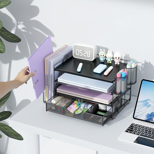 gianotter Wood Desk Organizers and Accessories with File Holder, 4-Tier Desk Accessories & Workspace Organizers with Drawer and 2 Pen Holder, Desk Reference Organizer (Black, 4T with Metal Drawer) - Image 6