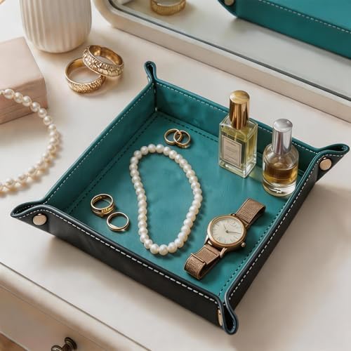 Valet Tray Desktop Storage Organizer – Vegan Leather Catchall Tray Bedside Vanity Tray Nightstand Caddy Holder for Remote Controller, Watch, Keys, Phone, Wallet, Coin, Jewelry, Turquoise - Image 6